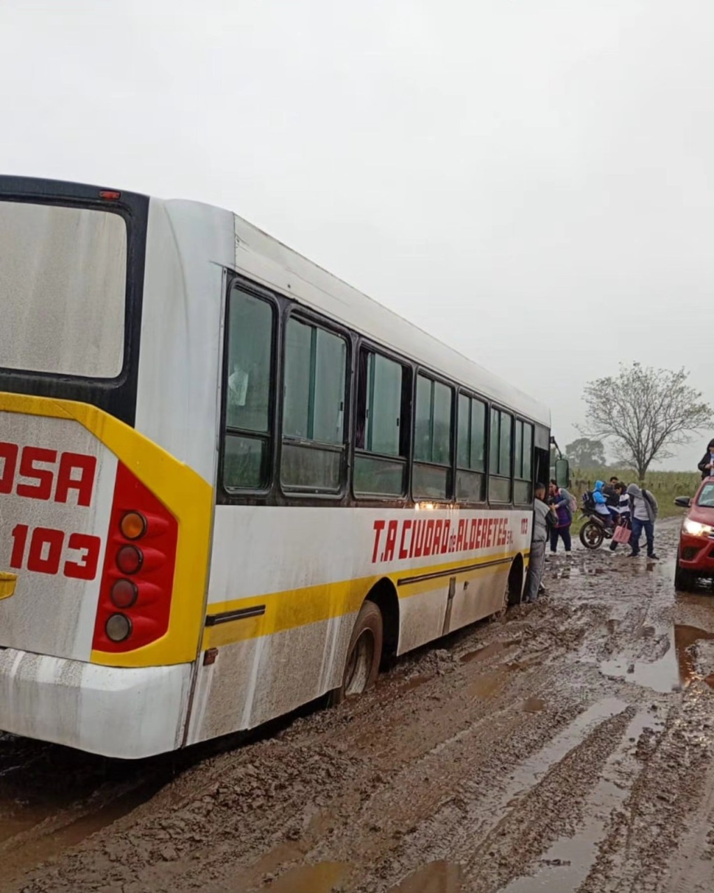Leales: un colectivo con docentes y alumnos qued&oacute; atascado en el barro por el mal estado de la Ruta 306