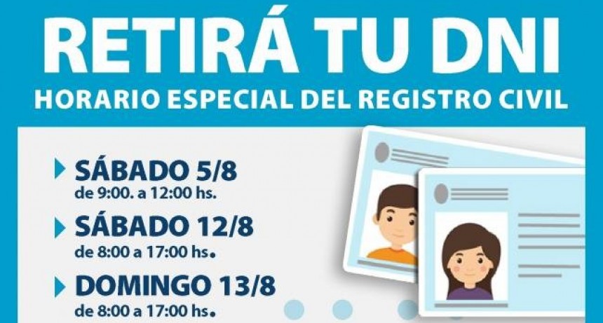 Nuevos horarios especiales para entrega de DNI en el Registro Civil