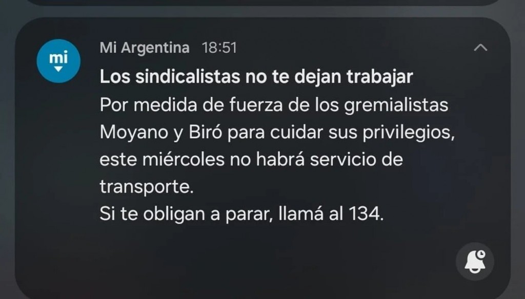 Mensaje del Gobierno contra el paro de transporte en la app Mi Argentina